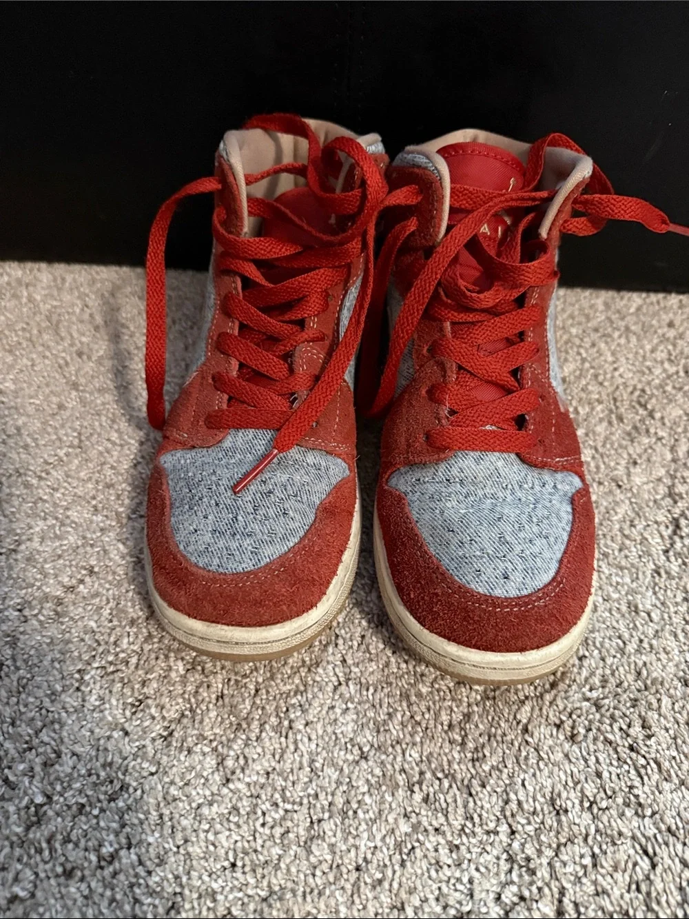 Nike Kids Red and Gray Mid-Top Sneakers with Tan Swoosh